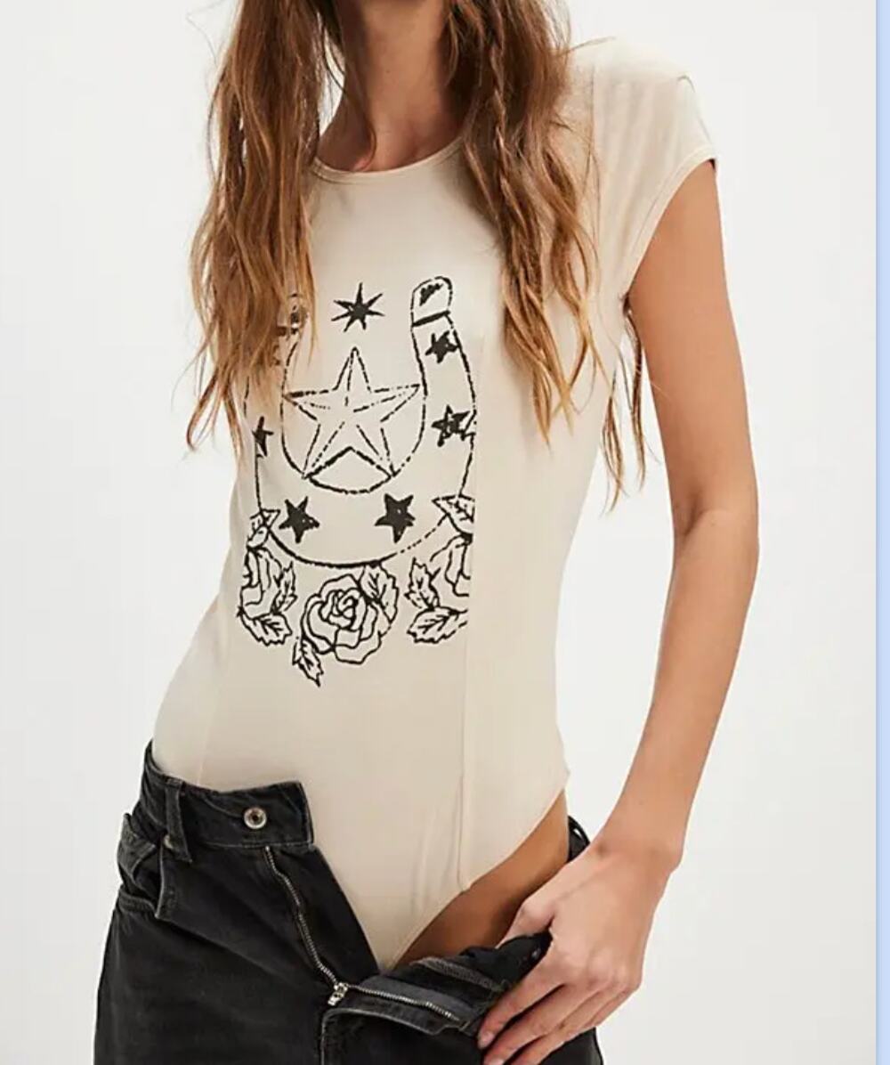 Free People Desert Darling Short Sleeve Western Horseshoe Bodysuit Top Cream L